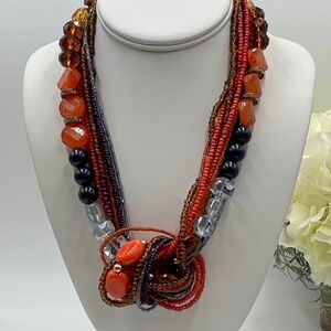 Erica Lyons Nine MultiStrand Blue Orange knotted Beaded Boho Necklace